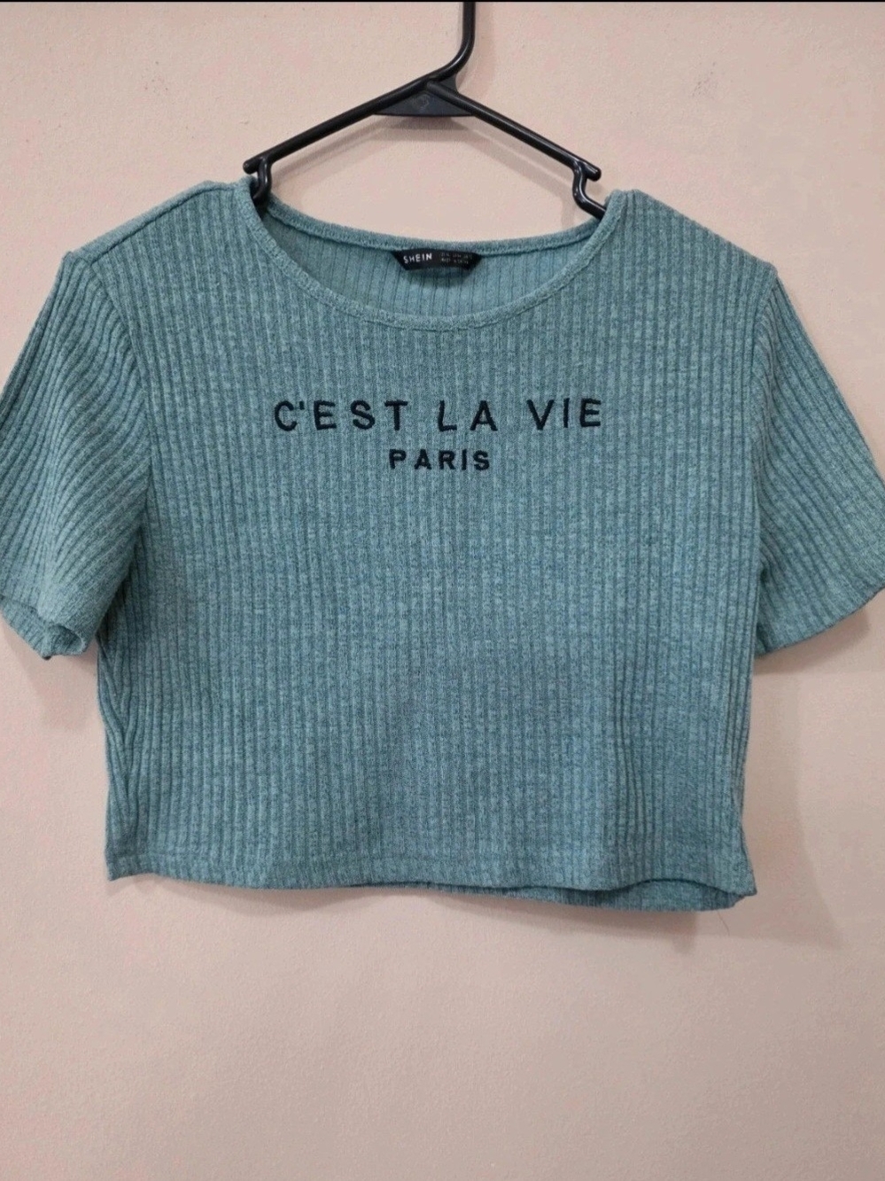 SHEIN Ribbed Sage Green 'C'EST LA VIE PARIS' Crop Top